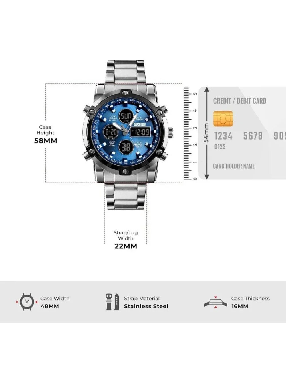 Men’s Silver Blue Analog-Digital Stainless Steel Large Face Chronograph Watch